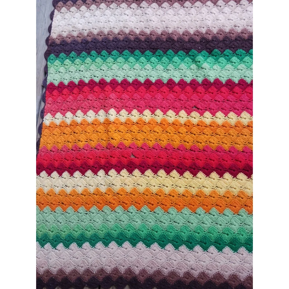 Afghan Granny Knit Stripe Lap Blanket Red 58x44 Vintage